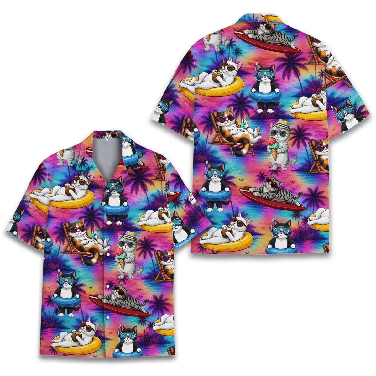 Pink tropical hawaiian shirt with cartoon surfing cats design, front view