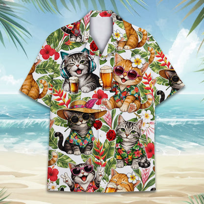 Front view of the tropical floral hawaiian shirt with cartoon cats on a white background