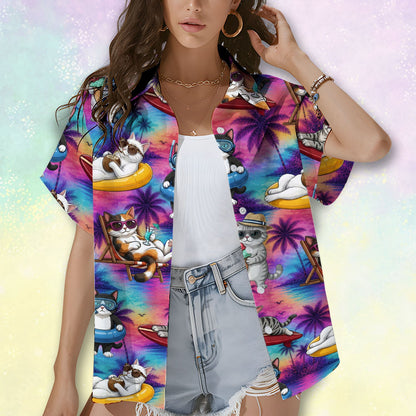 Person wearing matching family hawaiian shirts featuring a tropical cats pattern, lifestyle view 2