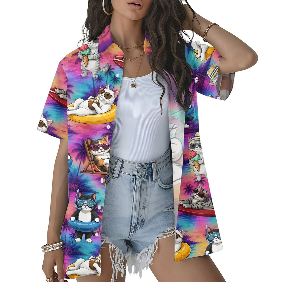 Person wearing matching family hawaiian shirts featuring a tropical cats pattern, lifestyle view 4