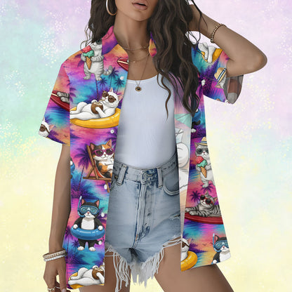 Person wearing matching family hawaiian shirts featuring a tropical cats pattern, lifestyle view 5