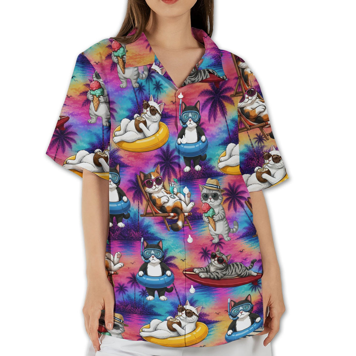 Person wearing matching family hawaiian shirts featuring a tropical cats pattern, lifestyle view 7