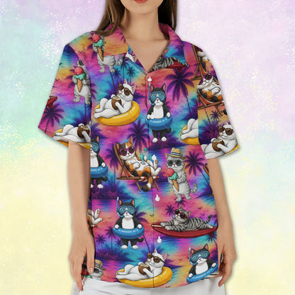 Person wearing matching family hawaiian shirts featuring a tropical cats pattern, lifestyle view 8