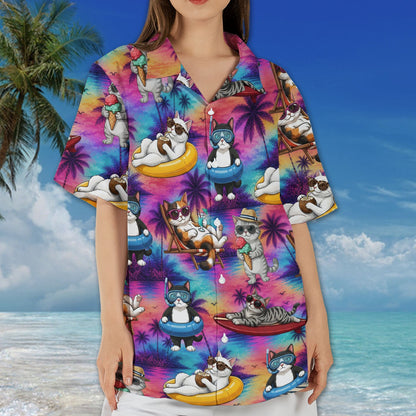 Person wearing matching family hawaiian shirts featuring a tropical cats pattern, lifestyle view 9