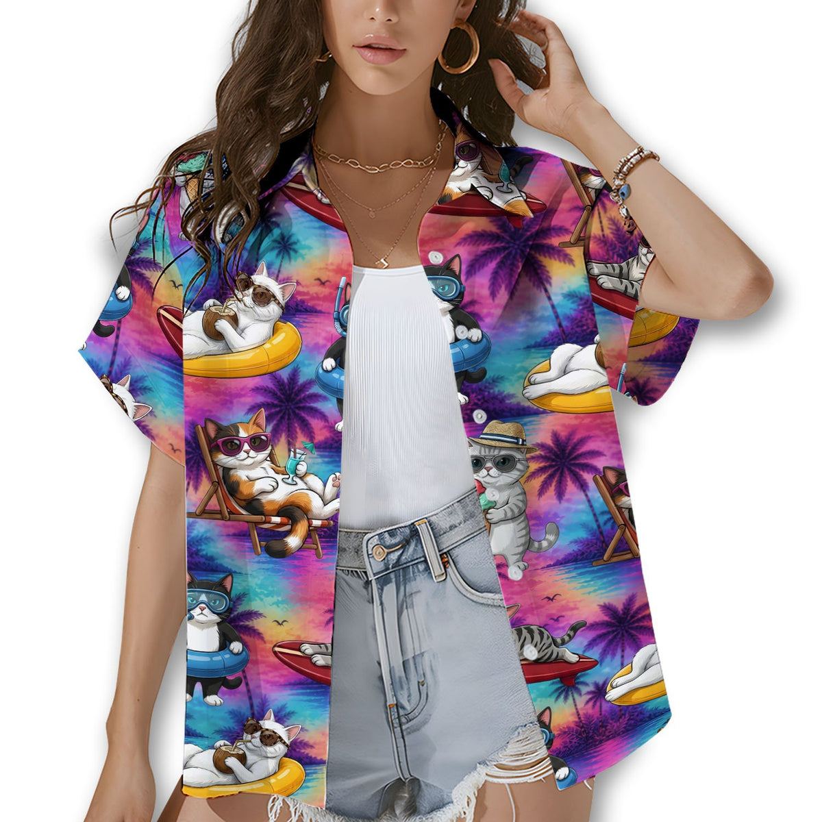 Person wearing matching family hawaiian shirts featuring a tropical cats pattern, lifestyle view 1