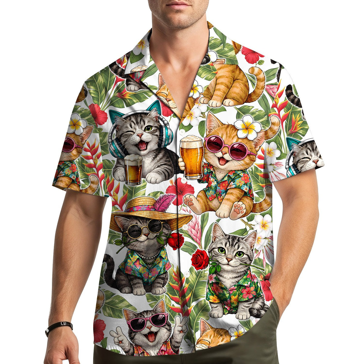 Lifestyle view of a person wearing the matching family hawaiian shirts outdoors