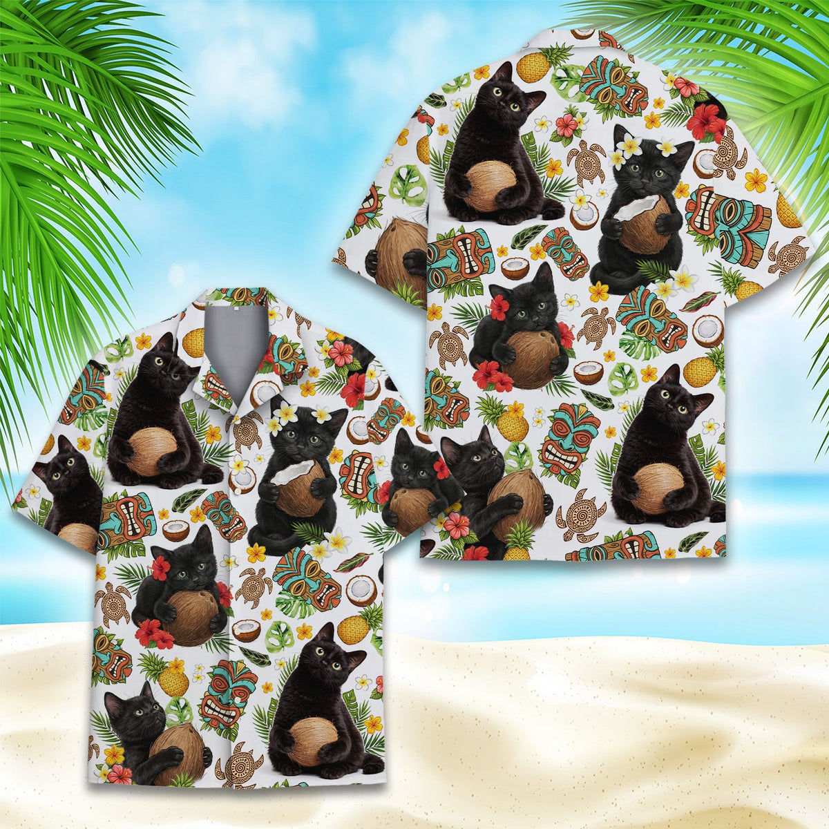 Close-up front view of the matching family hawaiian shirt showing the tropical print details