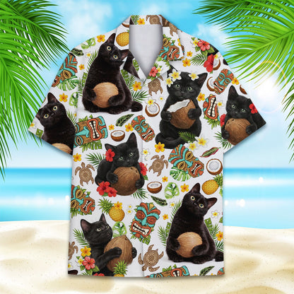 Matching family hawaiian shirts with tropical felines and tiki masks on a white background, main display