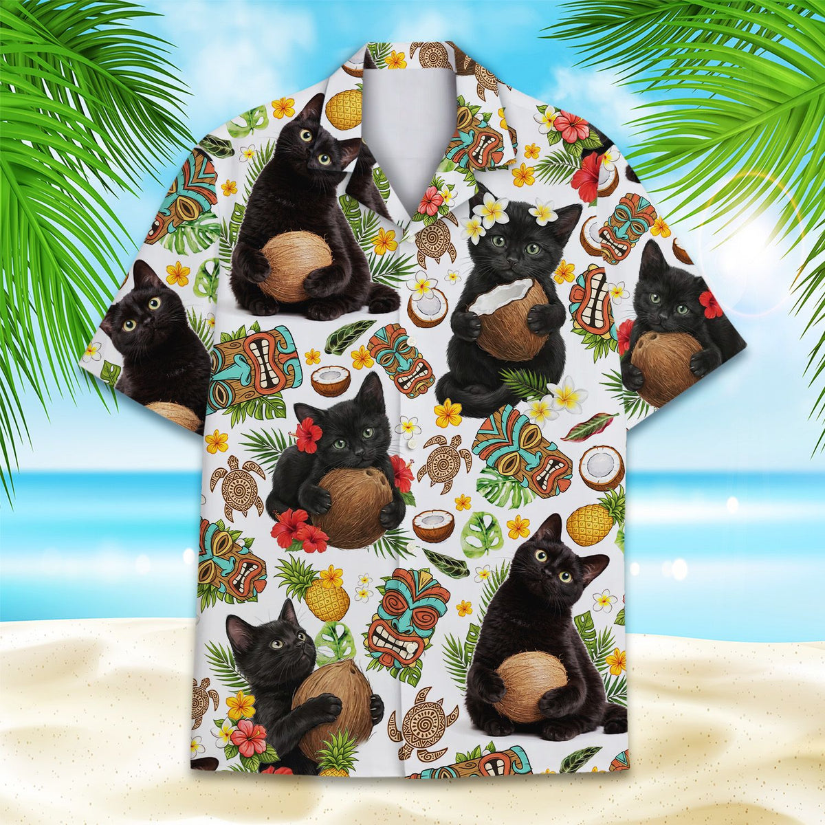 Front view of the matching family hawaiian shirt featuring coconuts and pineapples