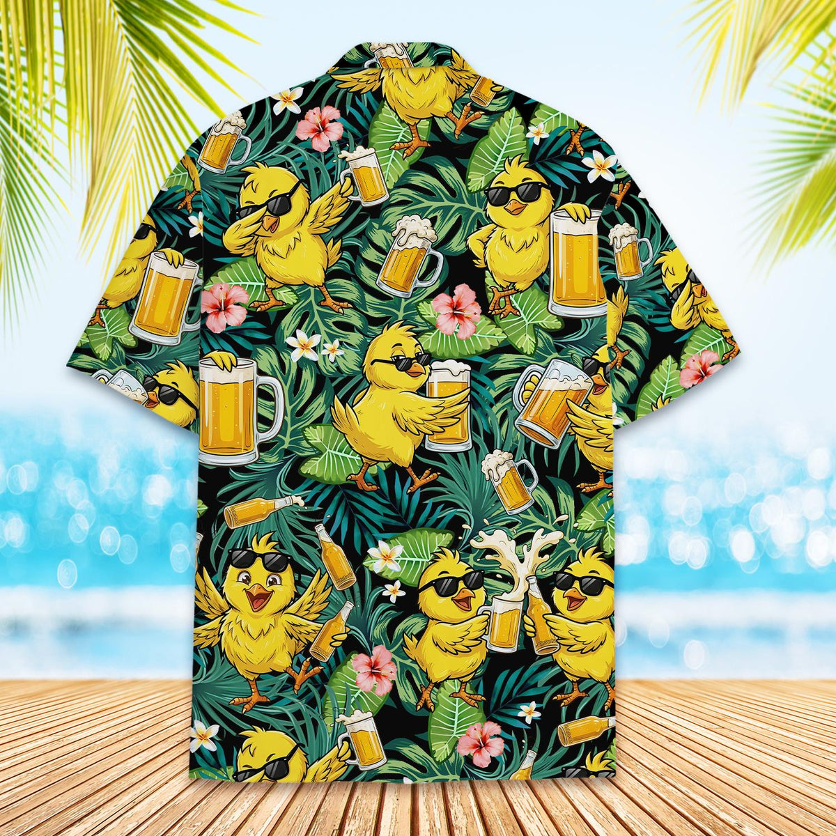 Back view detail of chickens hawaiian shirt