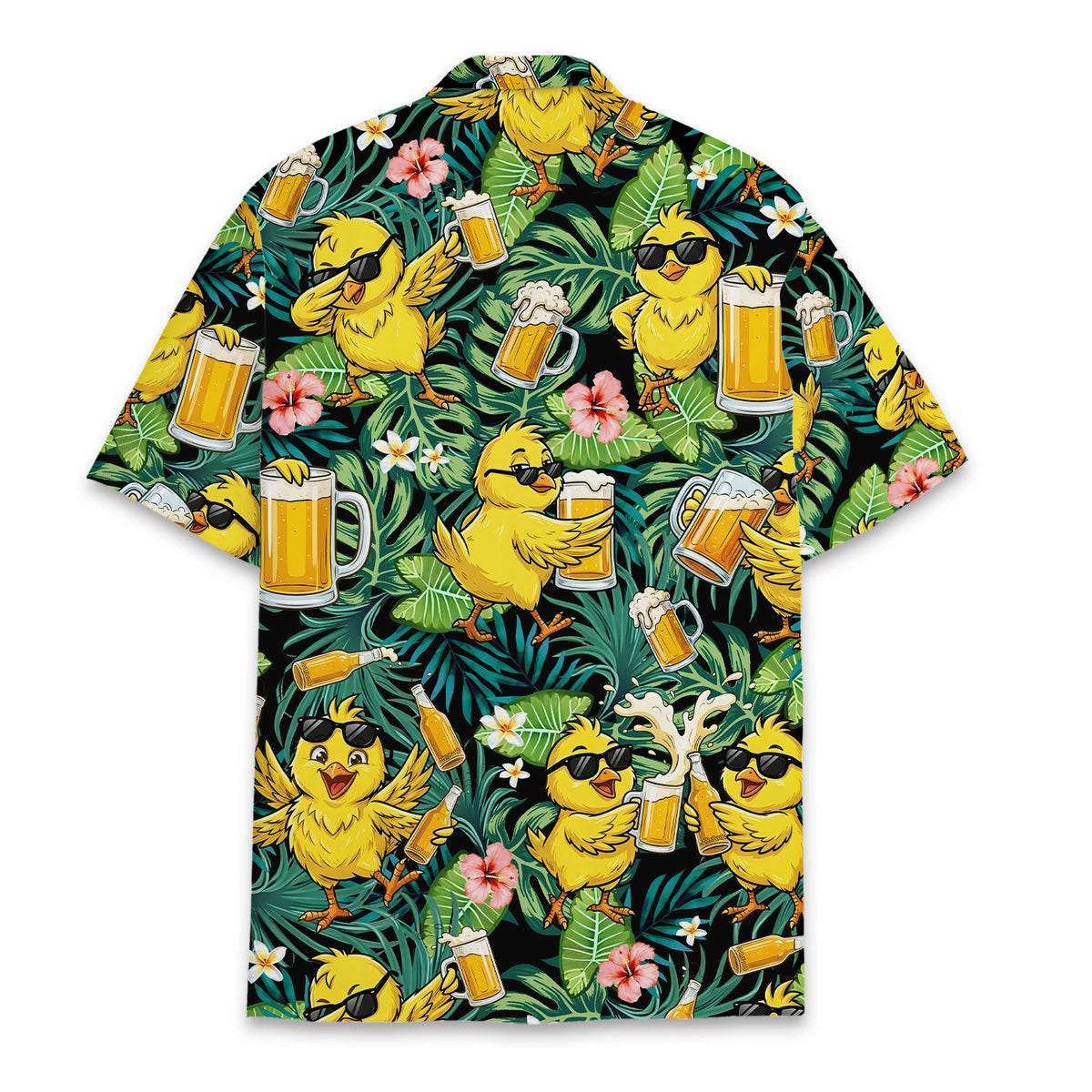 Back view of tropical chickens hawaiian shirt