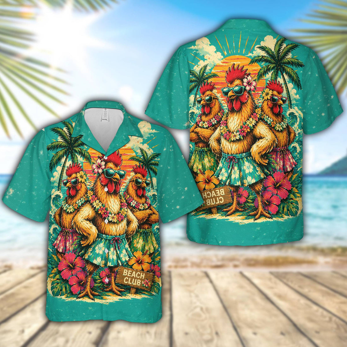 Front view of the matching family hawaiian shirt with teal, orange, yellow, and green tropical chickens design