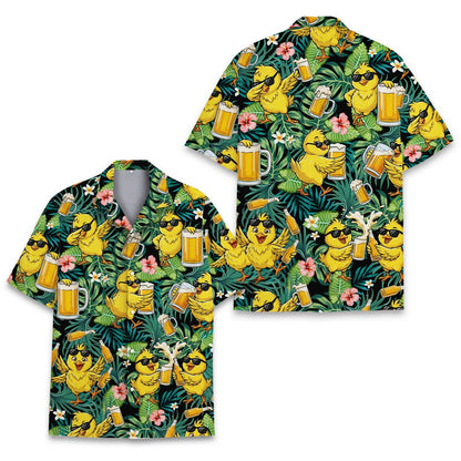 Front view of tropical chickens hawaiian shirt buttoned