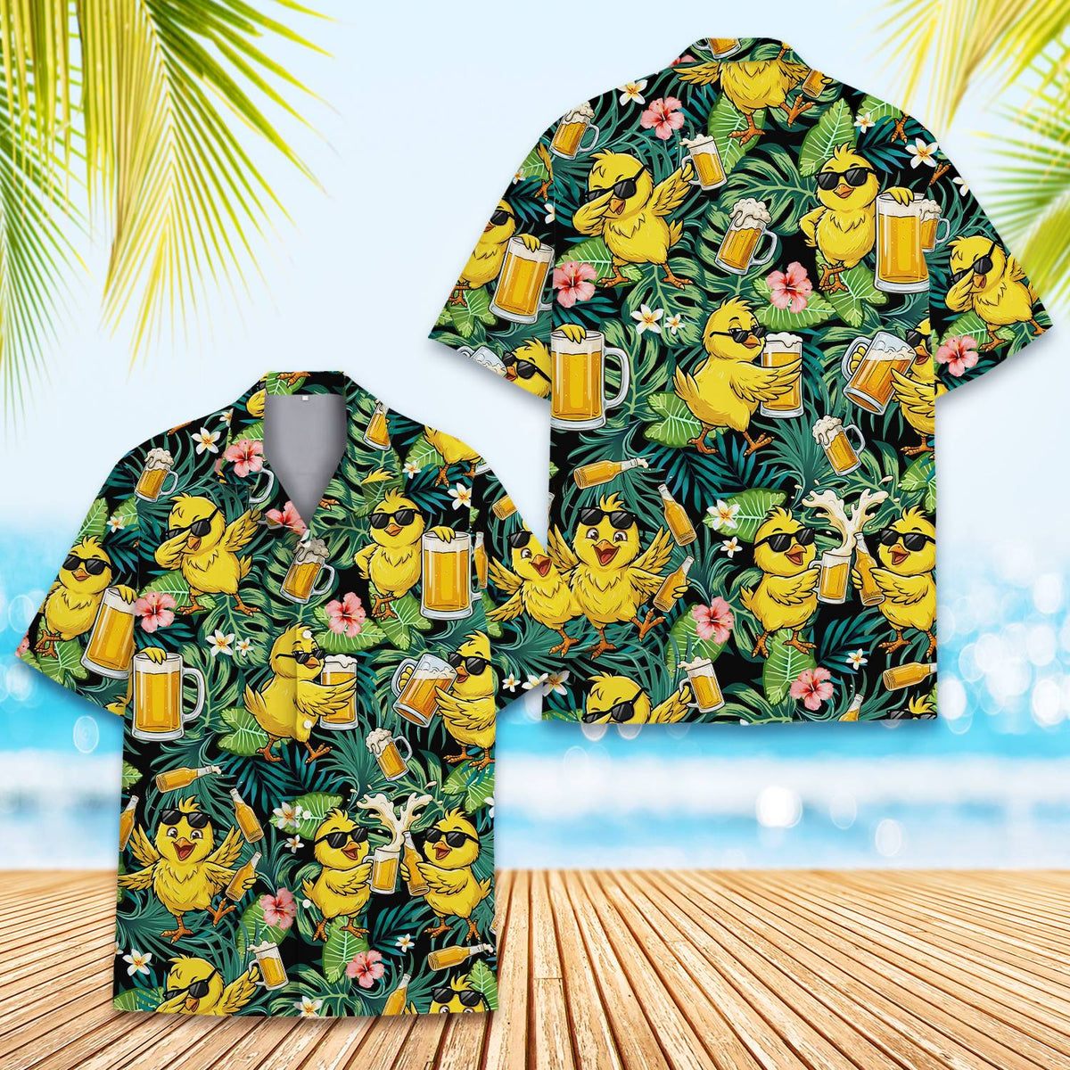 Front view of tropical chickens hawaiian shirt unbuttoned