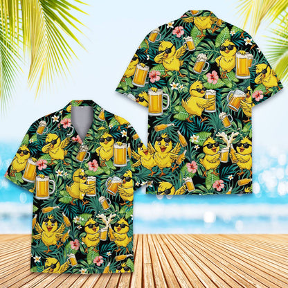 Front view of tropical chickens hawaiian shirt unbuttoned
