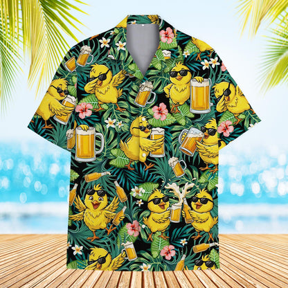 Front view of tropical chickens hawaiian shirt