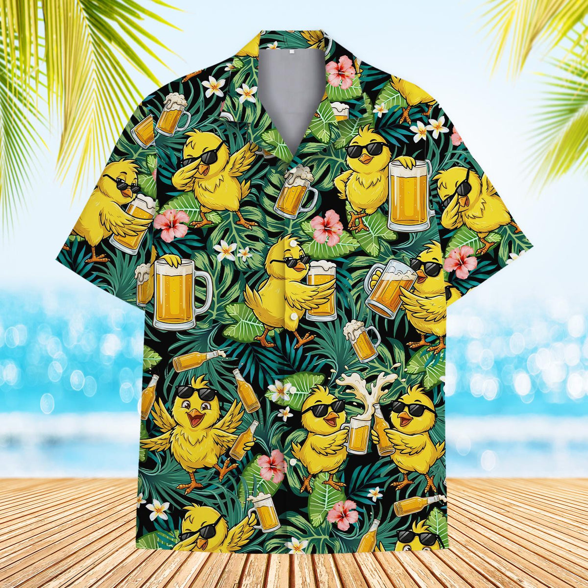 Main view of matching family hawaiian shirts in tropical chickens design