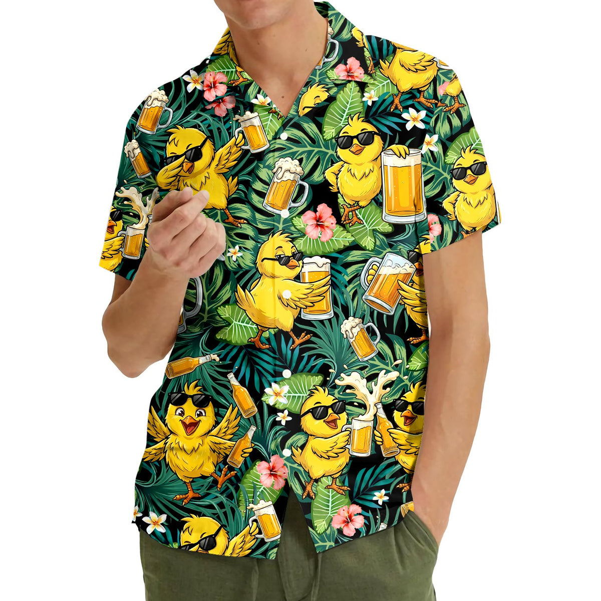 Lifestyle view three of tropical chickens shirt