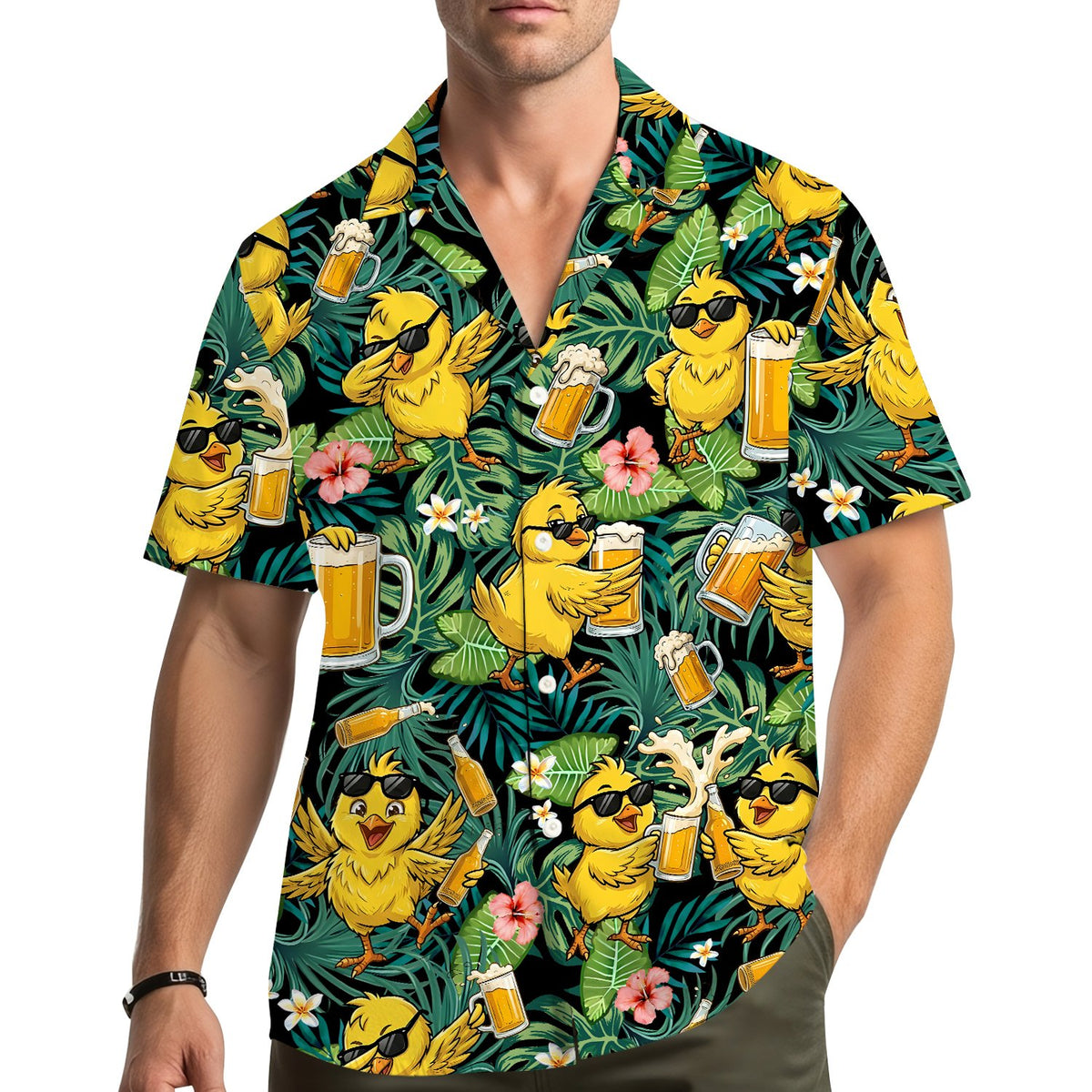 Lifestyle image of person wearing the tropical hawaiian shirt