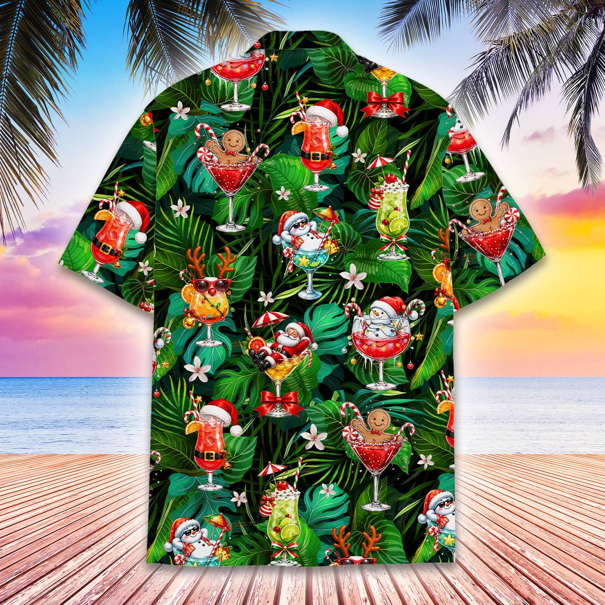 Back view of the matching family hawaiian shirts with tropical Christmas print