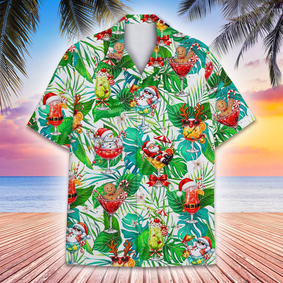 Close up front view of the tropical christmas cocktails hawaiian shirt pattern