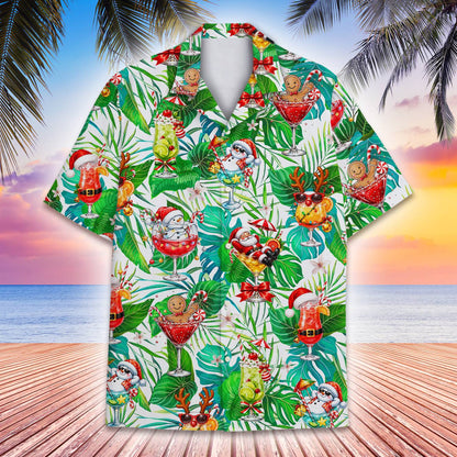 Close up front view of the tropical christmas cocktails hawaiian shirt pattern