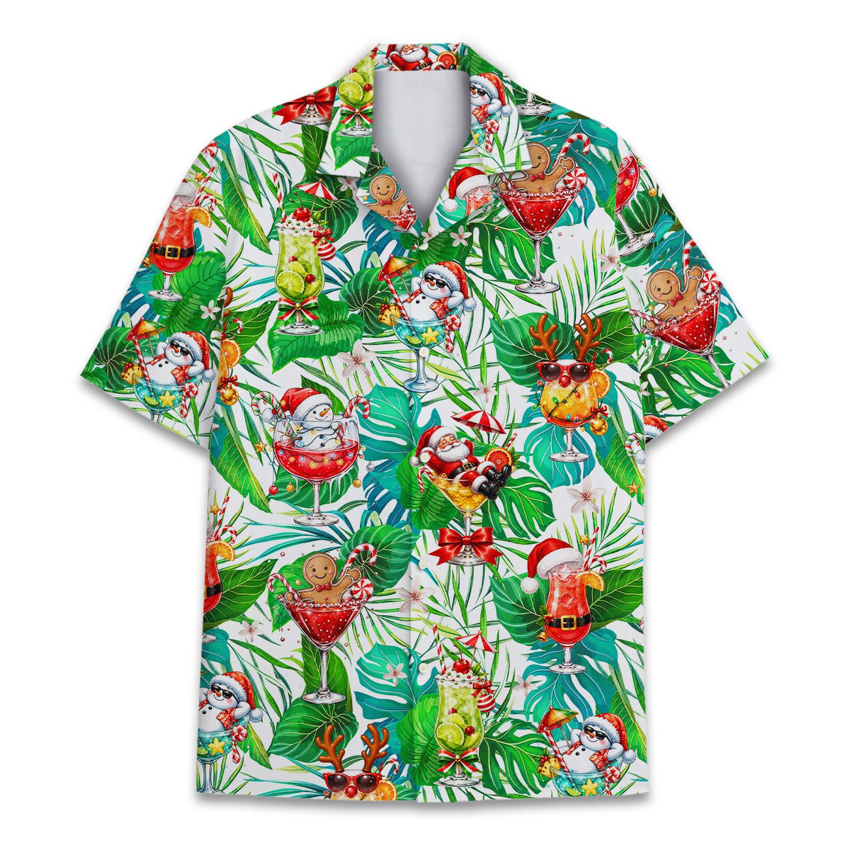 Another front view angle of the tropical christmas cocktails hawaiian shirt