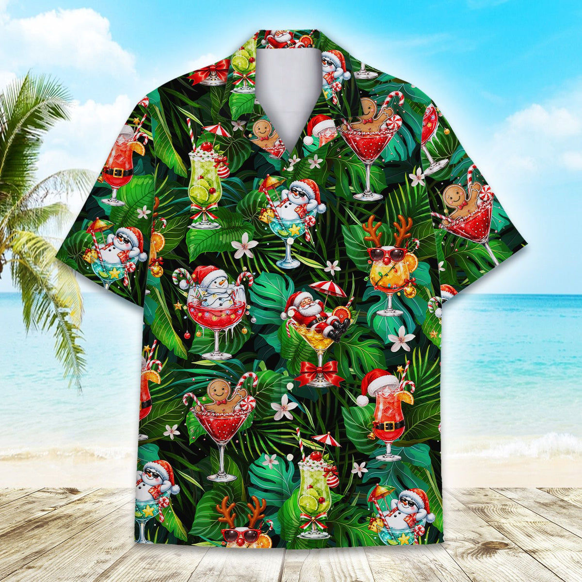 Close up detail of the tropical Christmas design on the hawaiian shirt