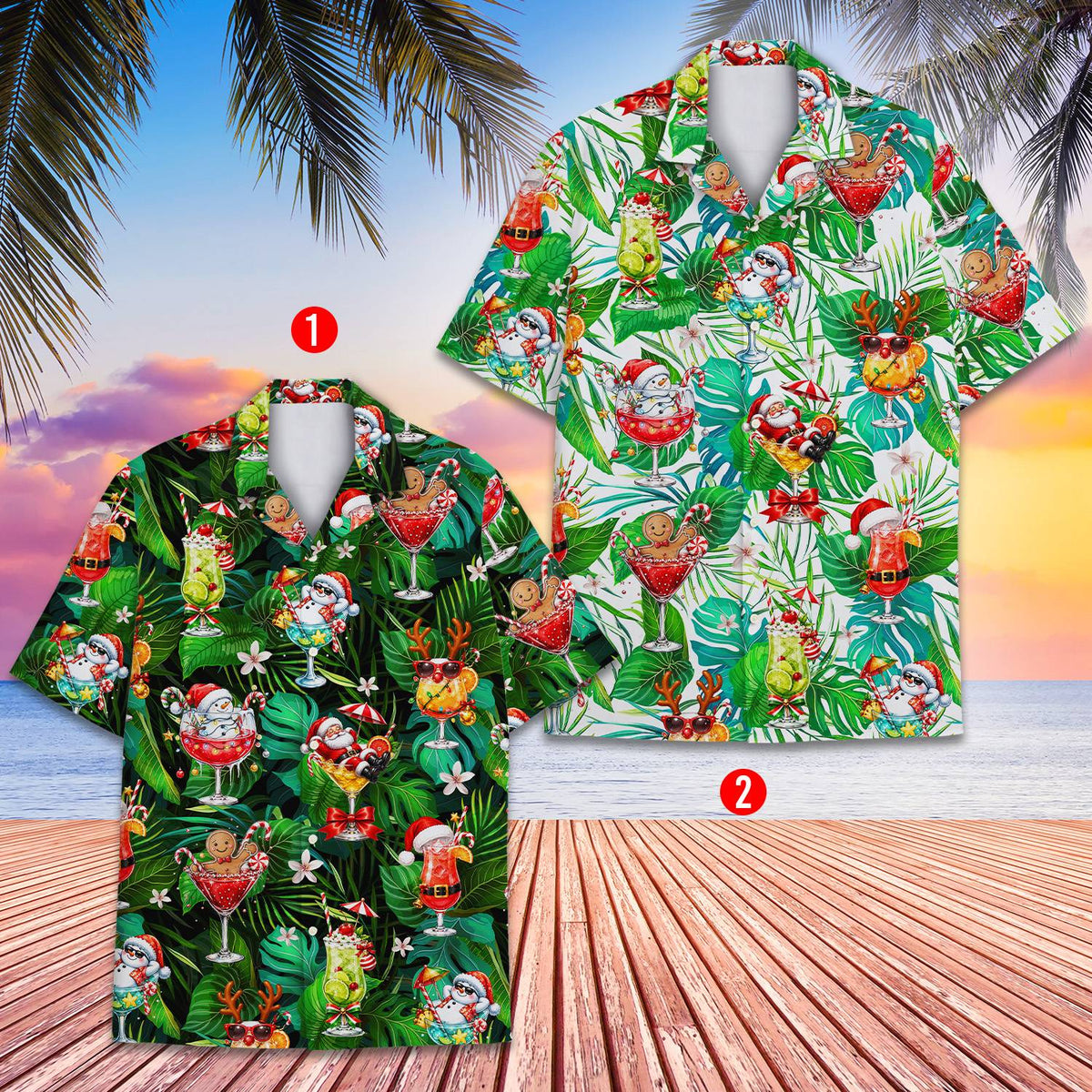 Matching family hawaiian shirts featuring a tropical Christmas cocktails design, front view