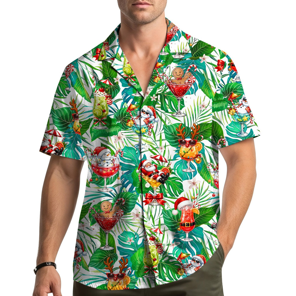 Lifestyle shot featuring the tropical christmas cocktails hawaiian shirt