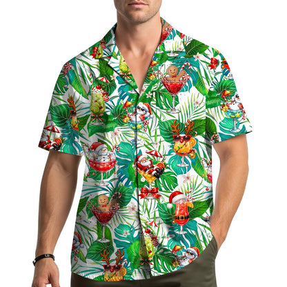 Lifestyle shot featuring the tropical christmas cocktails hawaiian shirt