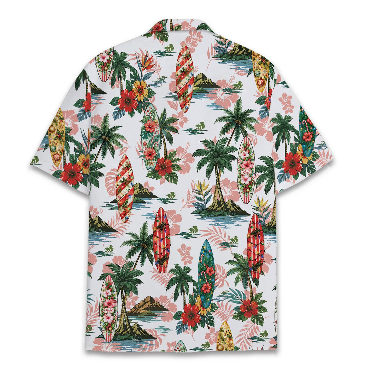 White tropical hawaiian shirt with Christmas surfboards back view