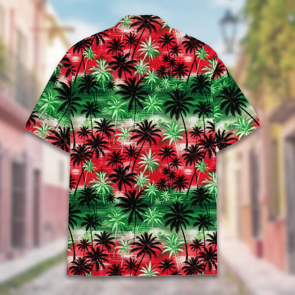 Red tropical hawaiian shirt with festive stripes and palm trees, back view