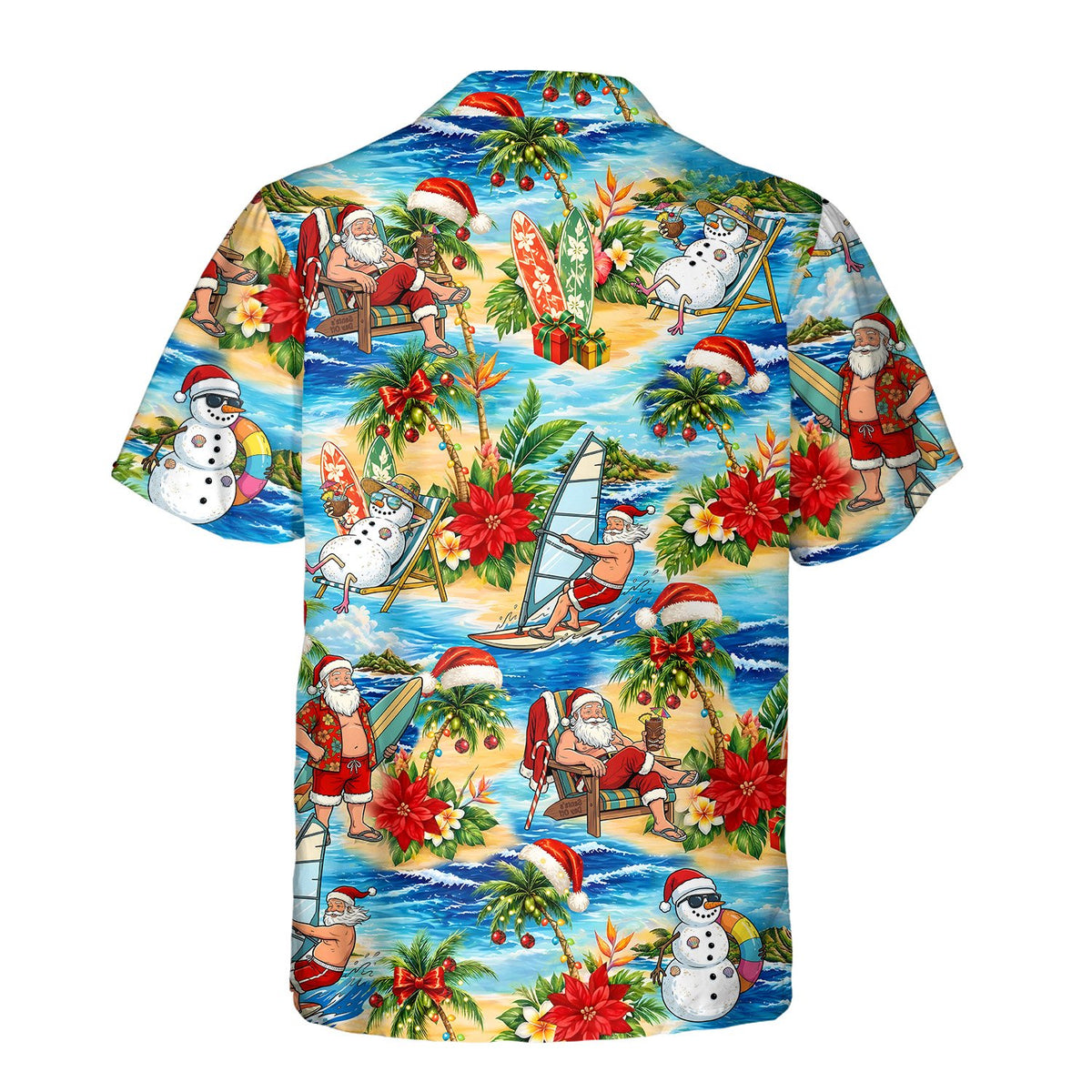 Back view of the tropical christmas hawaiian shirt displaying Santa and snowmen