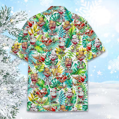 Back view of the tropical Christmas Hawaiian shirt featuring all-over festive print