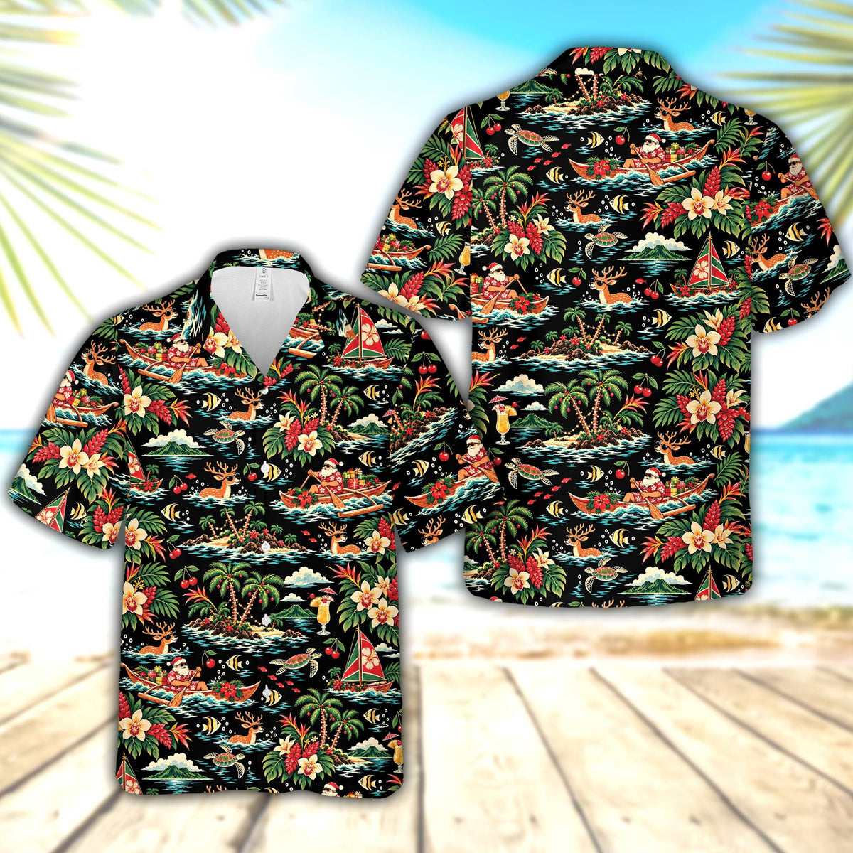 Front view of the matching family hawaiian shirt in black with tropical Christmas print