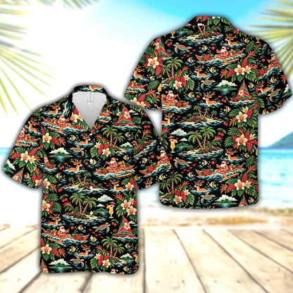 Front view of the matching family hawaiian shirt in black with tropical Christmas print
