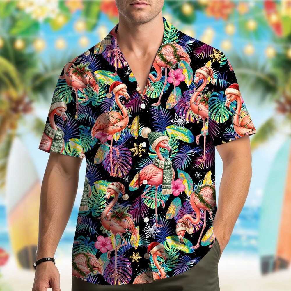 Front view of matching family hawaiian shirt featuring flamingos and palm trees