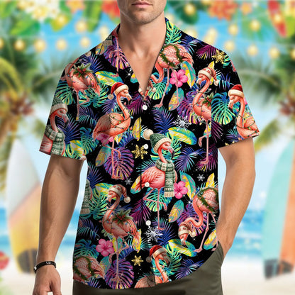 Front view of matching family hawaiian shirt featuring flamingos and palm trees