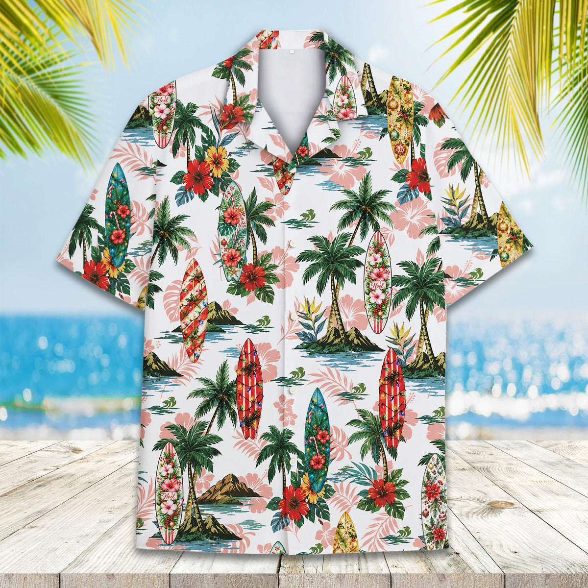 Tropical Christmas hawaiian shirt front detail view