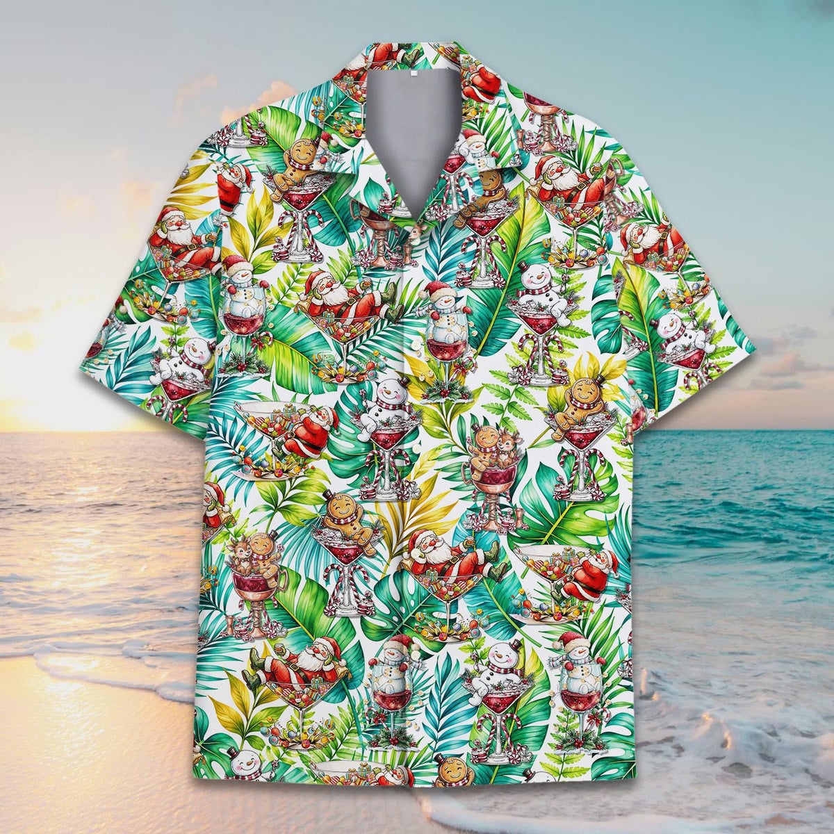 Close-up front view of the tropical Christmas Hawaiian shirt details