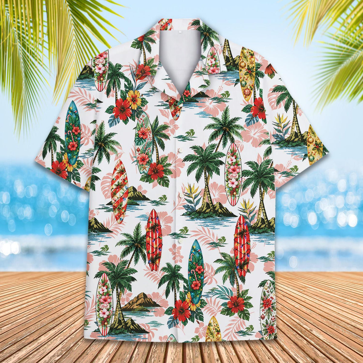 White tropical hawaiian shirt showing palm trees and lights front view