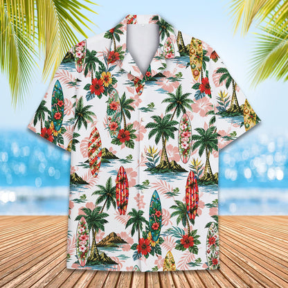 White tropical hawaiian shirt showing palm trees and lights front view