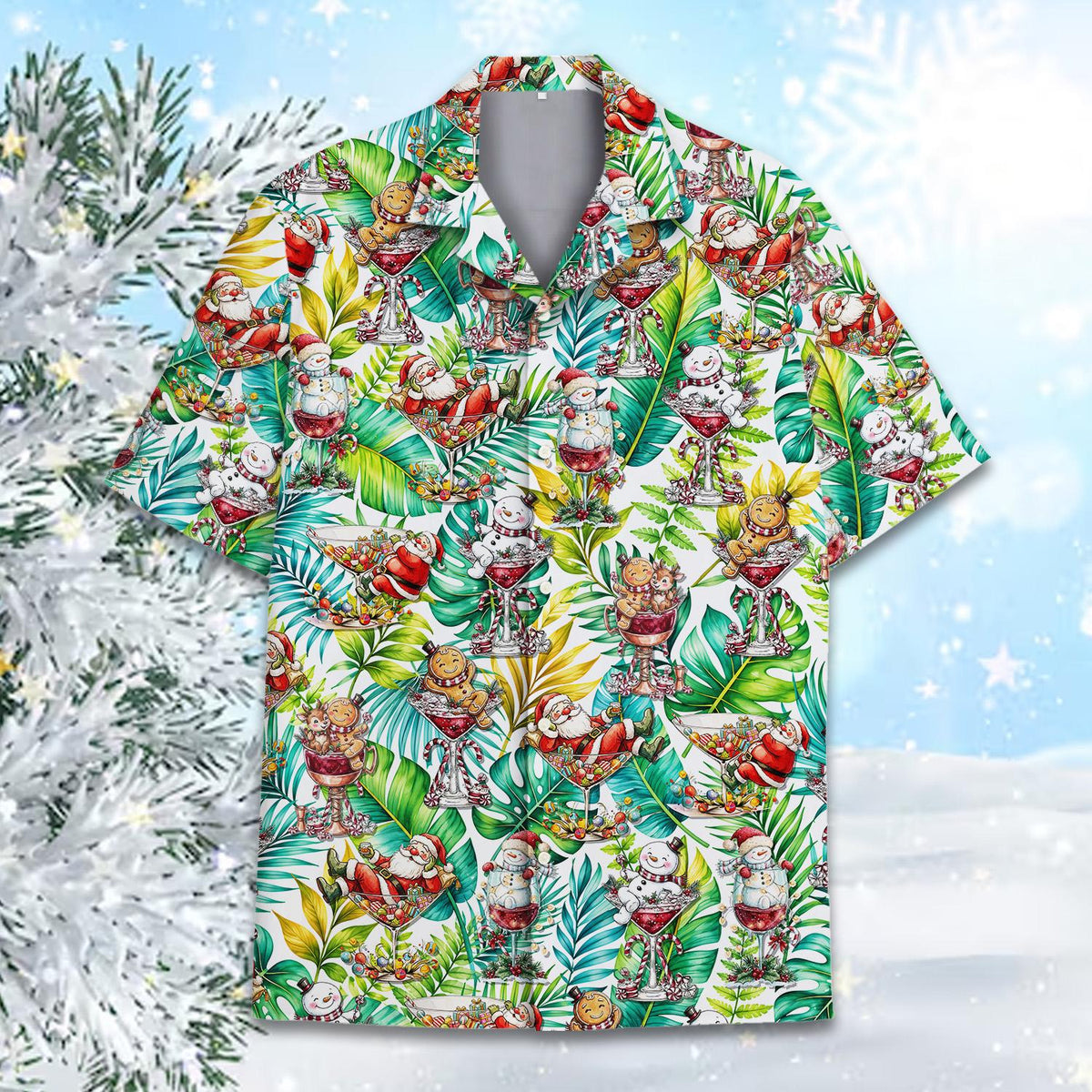 Detailed front view showing Santa in a margarita glass on the Hawaiian shirt