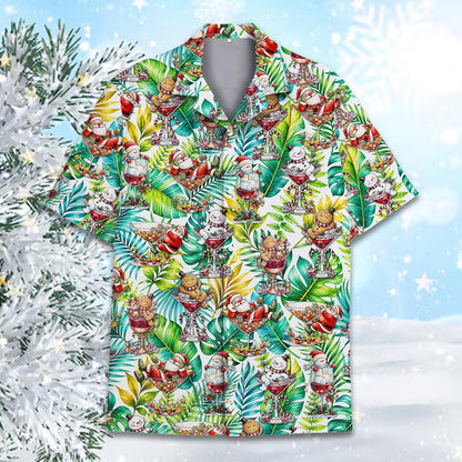 Detailed front view showing Santa in a margarita glass on the Hawaiian shirt