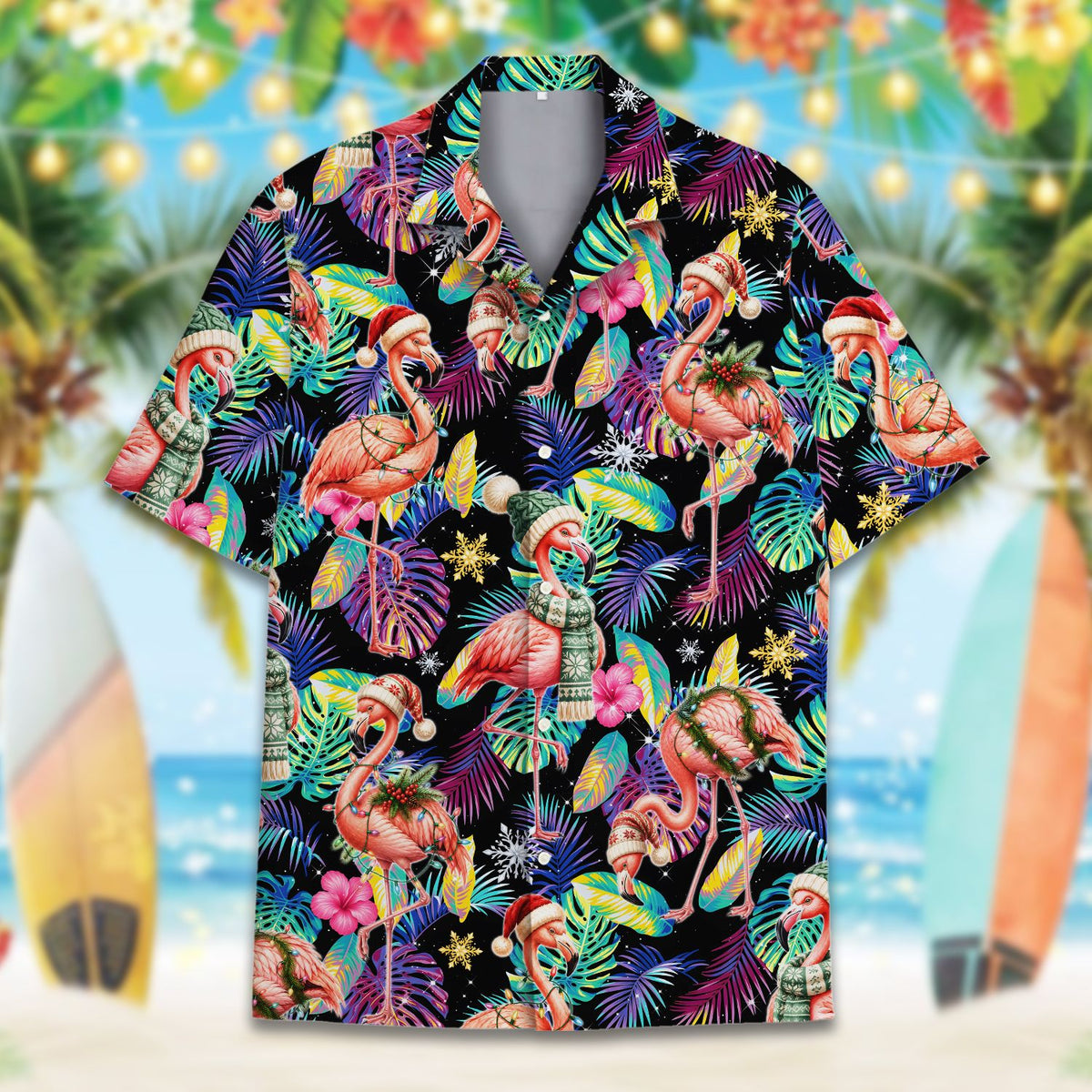 Detailed front view of the tropical christmas hawaiian shirt
