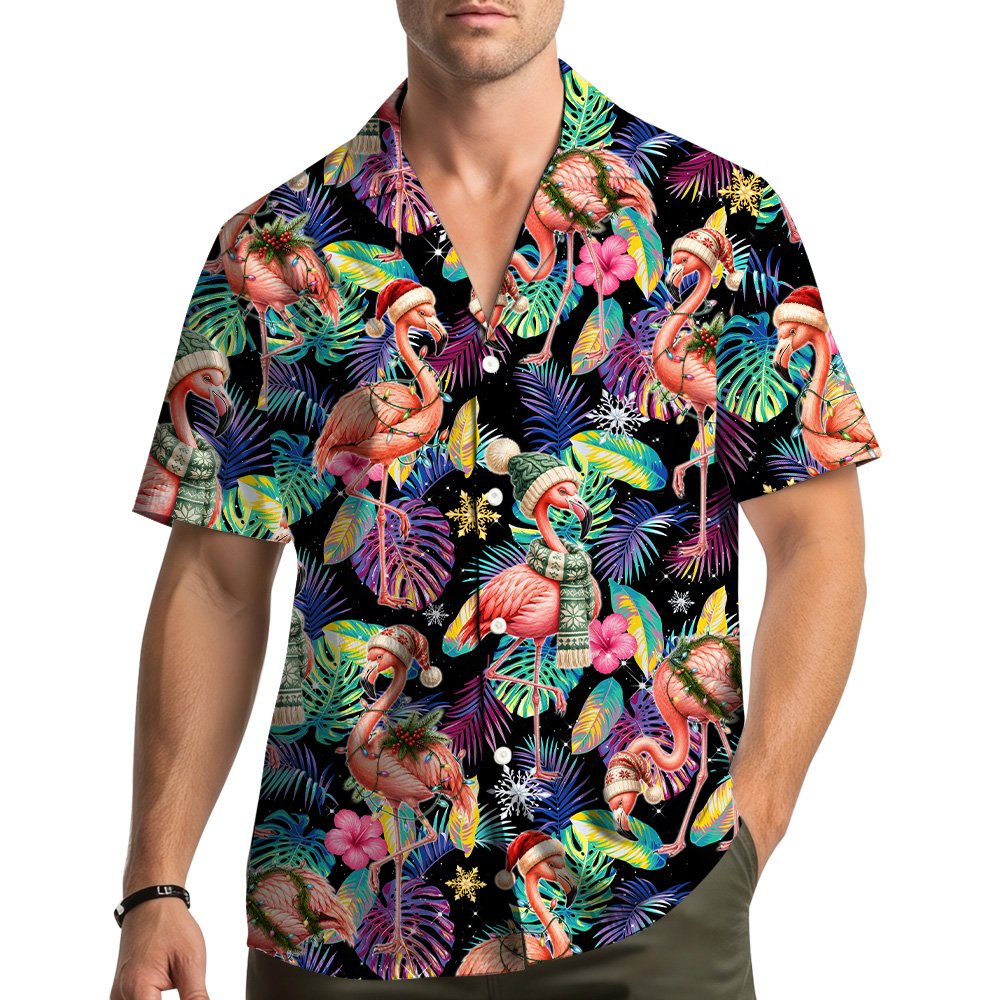 Front view of tropical christmas hawaiian shirt with Santa fishing