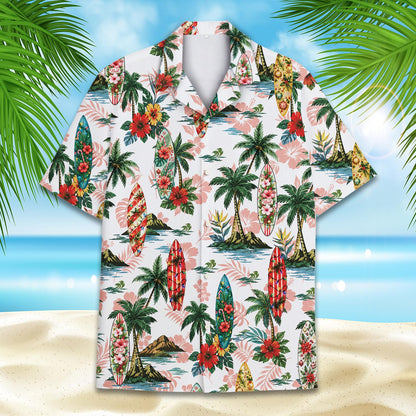White tropical hawaiian shirt with Christmas surfboards and hibiscus main view