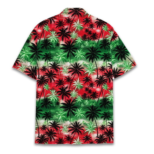 Red tropical hawaiian shirt with festive stripes and palm trees, front view