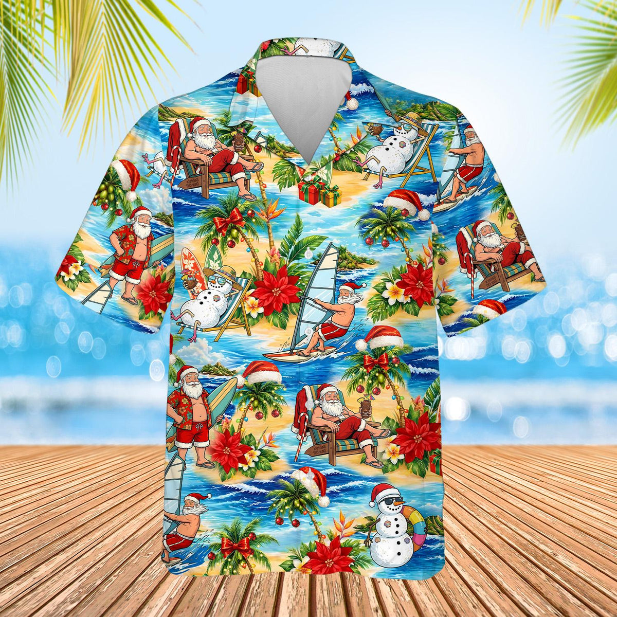 Main view of the tropical christmas hawaiian shirt featuring a sunny beach holiday scene